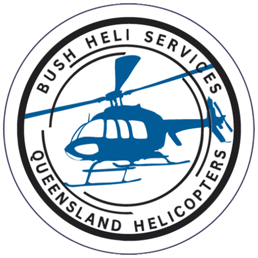 "BUSH HELI SERVICES QUEENSLAND HELICOPTERS" circular logo with blue helicopter icon in the centre