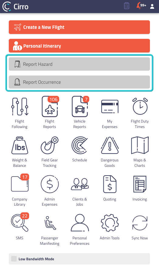 The Cirro homescreen with the "Report Hazard" & "Report Occurrence" buttons highlighted
