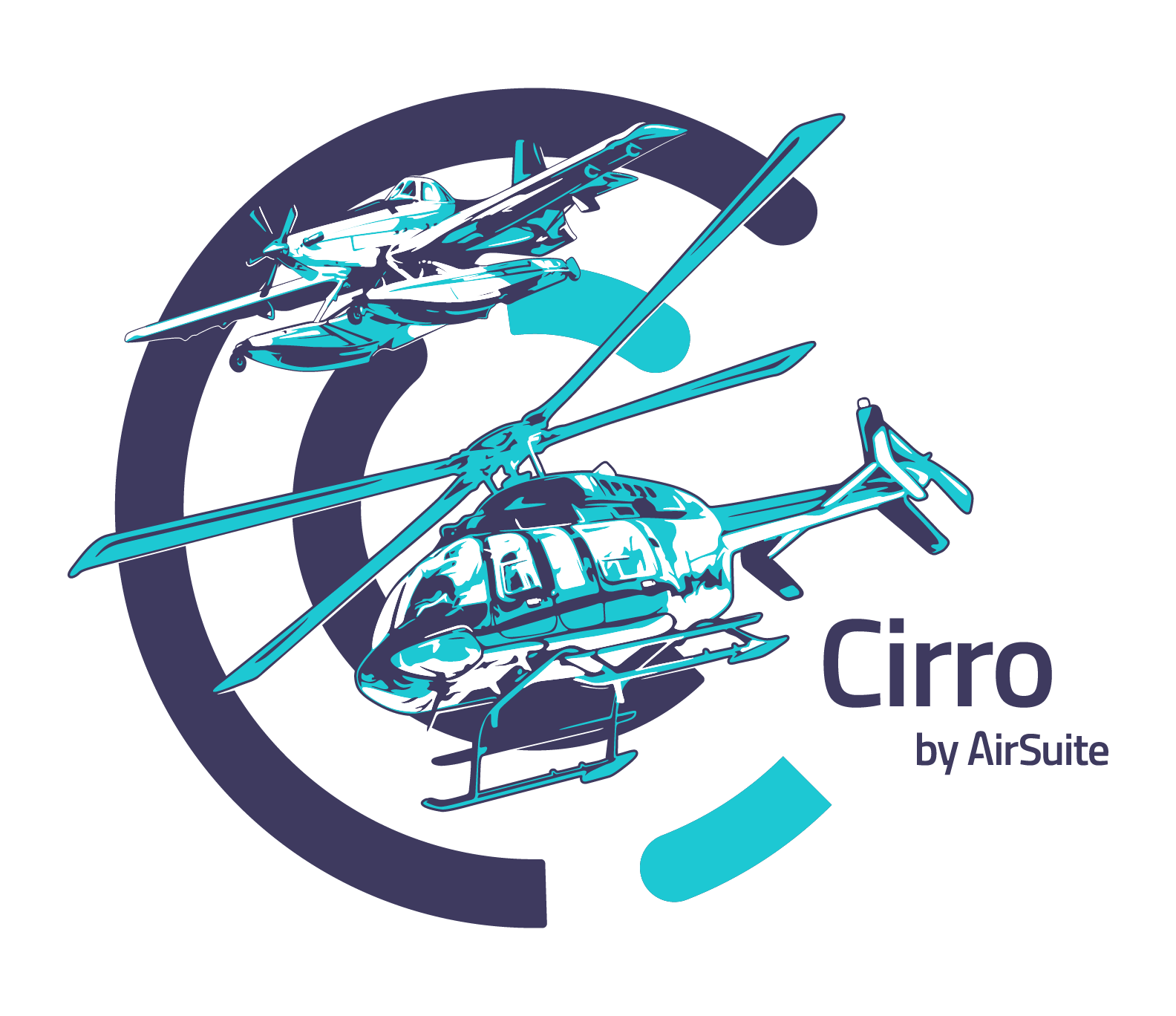 Artwork of a 407 helicopter and a Fire Boss plane above it, both in front of a large Cirro "C", and the text "Cirro by AirSuite" next to the artwork.