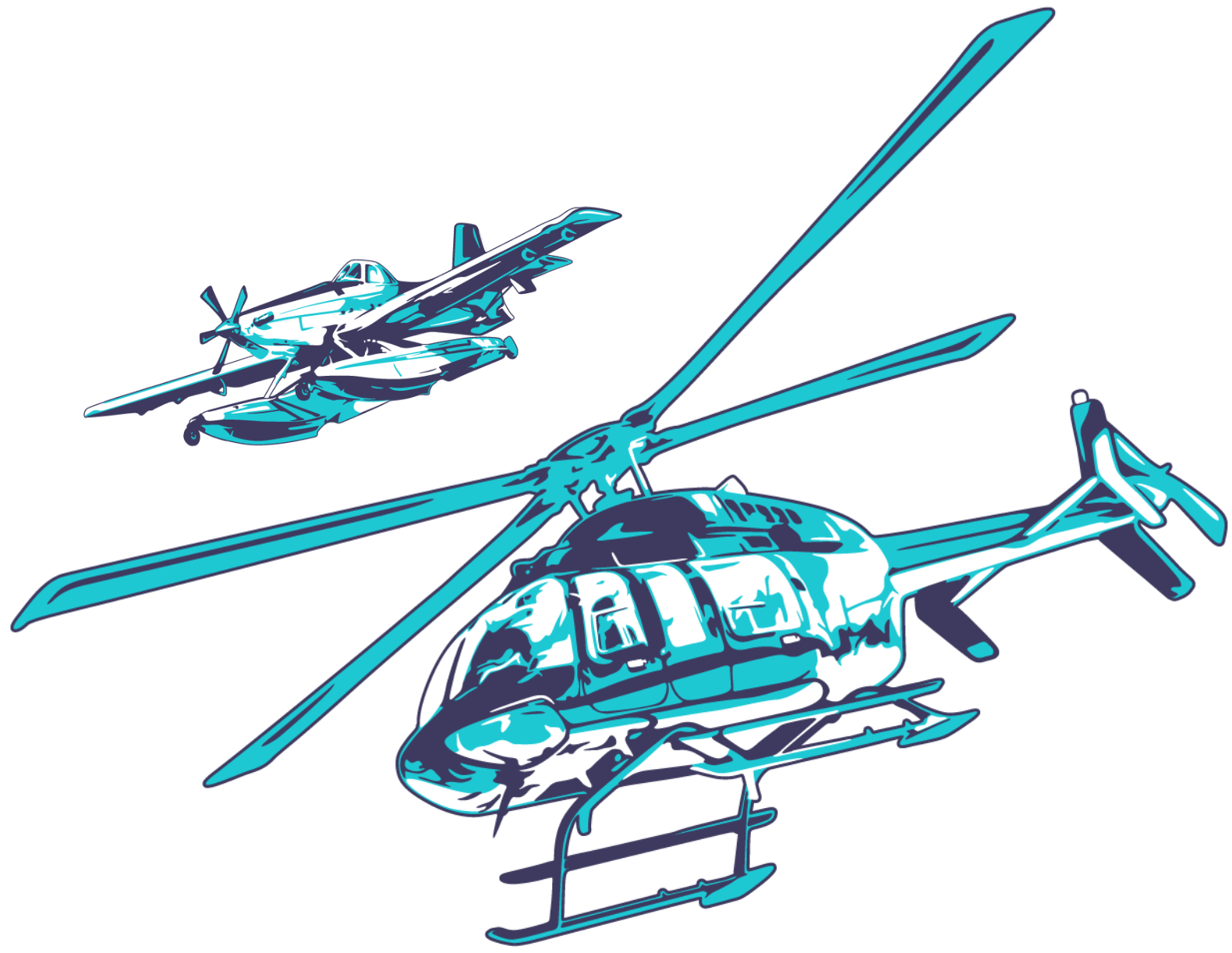 Helicopter and Fixed-Wing Teal and indigo coloured artwork of a 407 helicopter and a smaller Fire Boss aircraft above it.